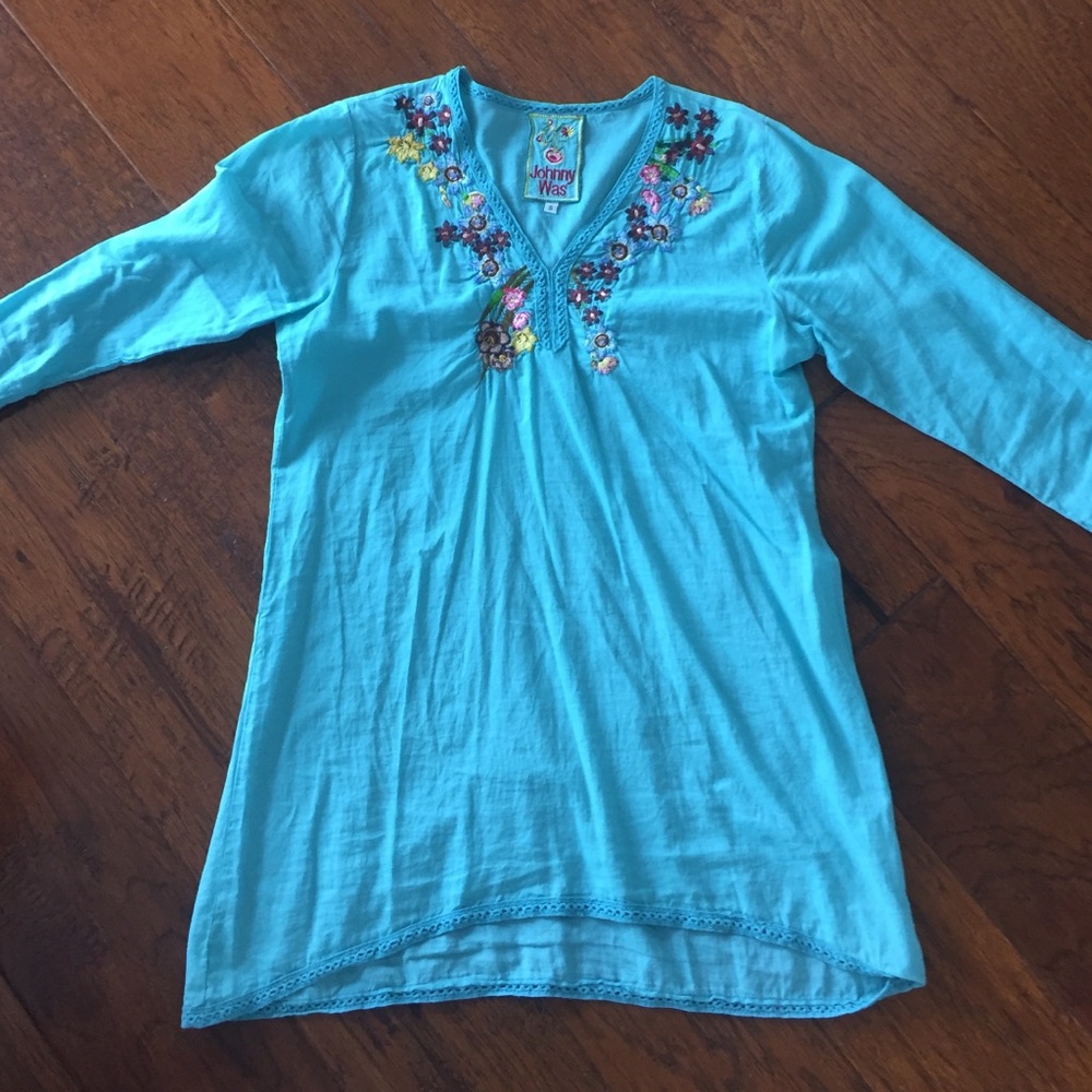 Johnny Was Tunic Aqua/Turquoise Embroidered V Neck
